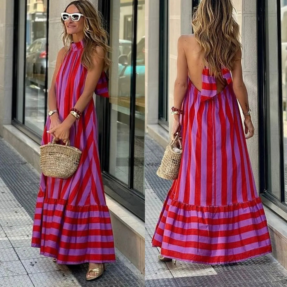 Marisa | Summer Striped Maxi Dress with Open Back