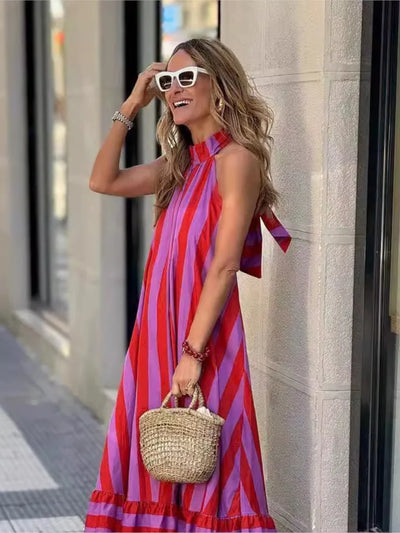 Marisa | Summer Striped Maxi Dress with Open Back