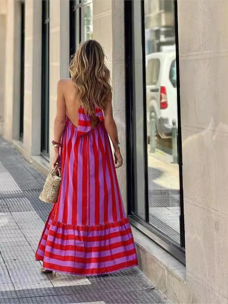 Marisa | Summer Striped Maxi Dress with Open Back